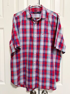 Nautica Red & Blue Plaid Short-Sleeve Button-Down Shirt 100% Cotton XL